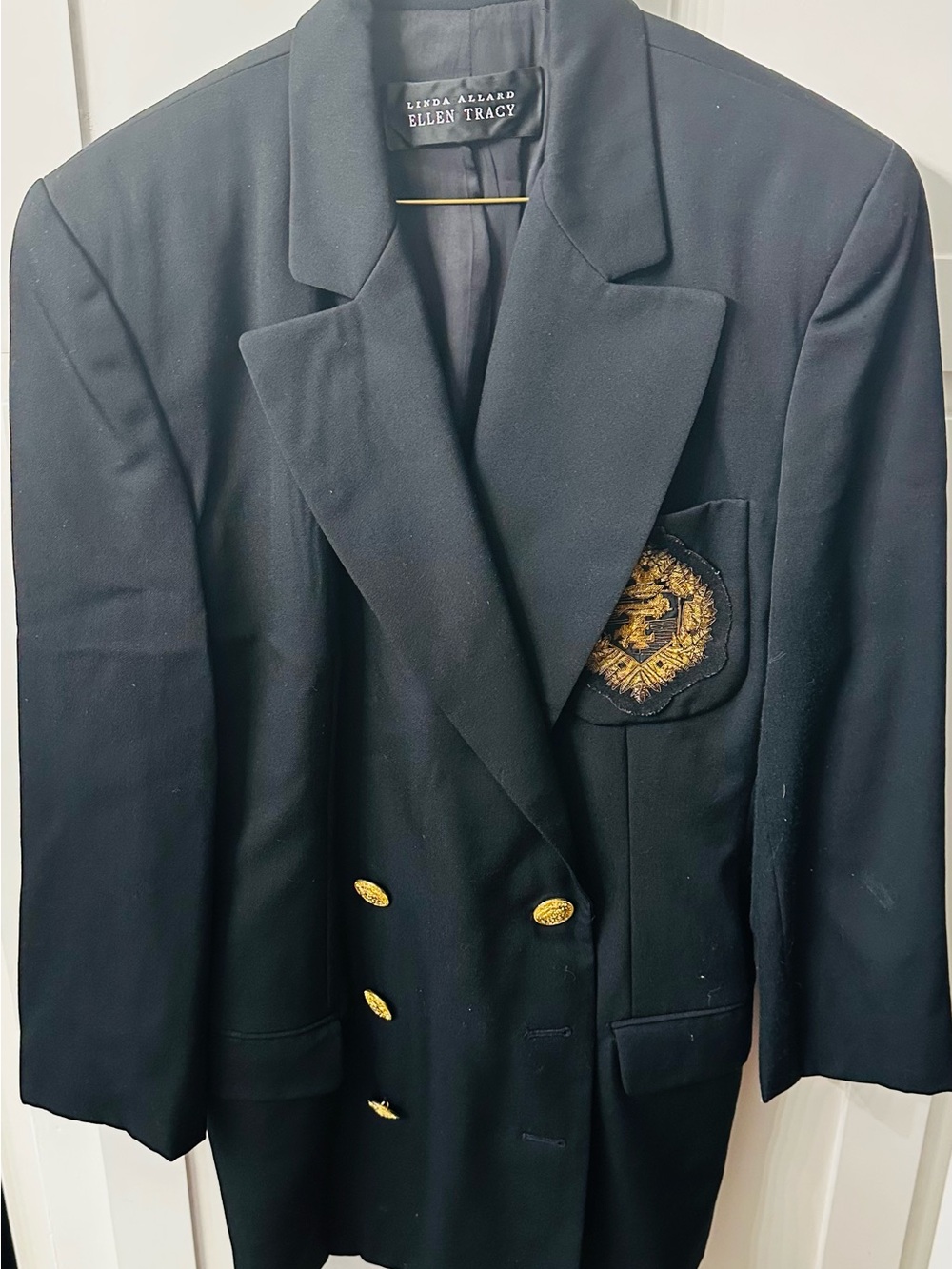 Ellen Tracy Black Double-Breasted Blazer with Gold Crest